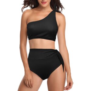 Black High Waisted One Shoulder Bikini Set