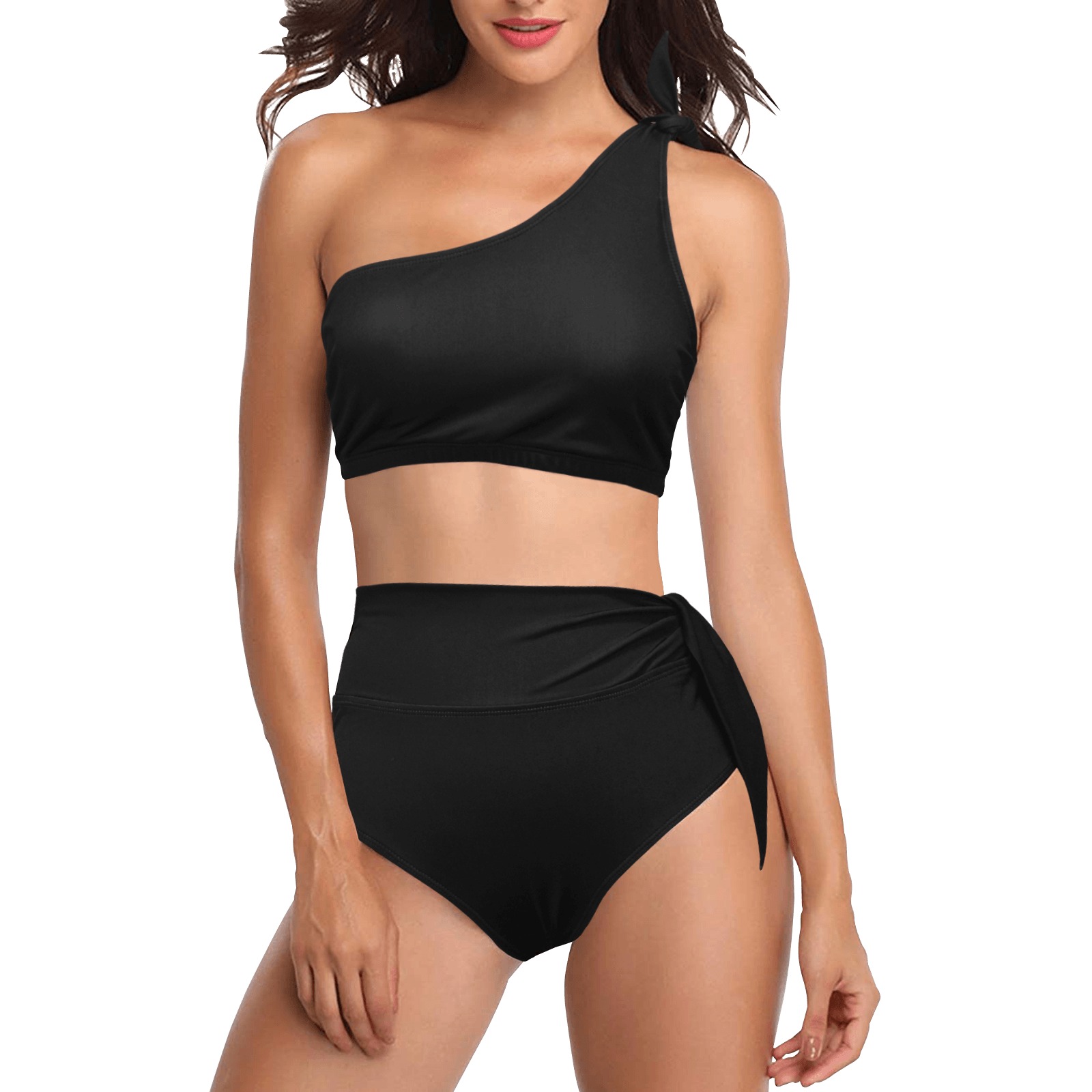Black High Waisted One Shoulder Bikini Set